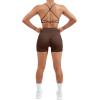 imageSUUKSESS Women V Cross Workout Sets Strappy Sports Bra High Waist Booty Shorts1 Deep Brown