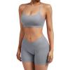 imageSUUKSESS Women V Cross Workout Sets Strappy Sports Bra High Waist Booty Shorts1 Grey Blue