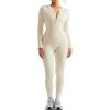 imageSUUKSESS Women Long Sleeve Ribbed Workout Jumpsuit One Piece V Neck Button Down Yoga JumpsuitsApricot