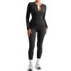 imageSUUKSESS Women Long Sleeve Ribbed Workout Jumpsuit One Piece V Neck Button Down Yoga JumpsuitsBlack