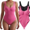 imageSUUKSESS Women V Neck Ribbed Seamless Bodysuit Sleeveless Padded Sexy Tank Top1 Black Pink