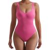 imageSUUKSESS Women V Neck Ribbed Seamless Bodysuit Sleeveless Padded Sexy Tank Top1 Pink