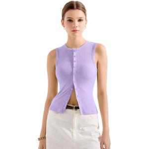 imageSUUKSESS Women Button Down Going Out Trendy Tops Ribbed Sexy Vest Y2K Tank TopsPurple