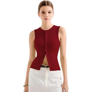 imageSUUKSESS Women Button Down Going Out Trendy Tops Ribbed Sexy Vest Y2K Tank TopsRed