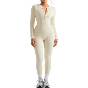 imageSUUKSESS Women Long Sleeve Ribbed Workout Jumpsuit One Piece V Neck Button Down Yoga JumpsuitsApricot