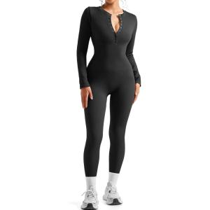 imageSUUKSESS Women Long Sleeve Ribbed Workout Jumpsuit One Piece V Neck Button Down Yoga JumpsuitsBlack