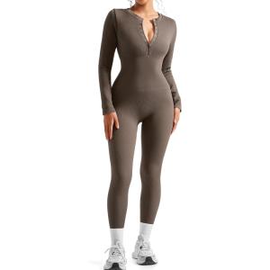 imageSUUKSESS Women Long Sleeve Ribbed Workout Jumpsuit One Piece V Neck Button Down Yoga JumpsuitsCoffee