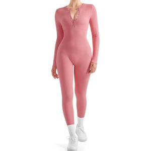 imageSUUKSESS Women Long Sleeve Ribbed Workout Jumpsuit One Piece V Neck Button Down Yoga JumpsuitsPink Rose