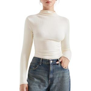 imageSUUKSESS Women Ribbed Modal Long Sleeve Casual Tops High Neck Going Out T ShirtsBeige