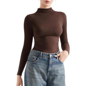 imageSUUKSESS Women Ribbed Modal Long Sleeve Casual Tops High Neck Going Out T ShirtsBrown