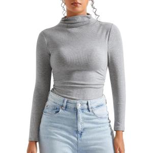 imageSUUKSESS Women Ribbed Modal Long Sleeve Casual Tops High Neck Going Out T ShirtsGrey