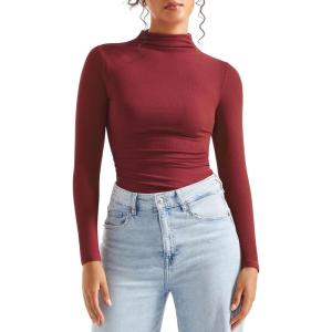 imageSUUKSESS Women Ribbed Modal Long Sleeve Casual Tops High Neck Going Out T ShirtsWine