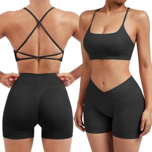 imageSUUKSESS Women V Cross Workout Sets Strappy Sports Bra High Waist Booty Shorts1 Black