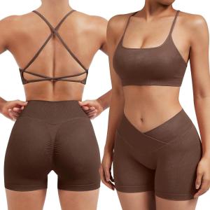 imageSUUKSESS Women V Cross Workout Sets Strappy Sports Bra High Waist Booty Shorts1 Deep Brown