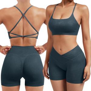 imageSUUKSESS Women V Cross Workout Sets Strappy Sports Bra High Waist Booty Shorts1 Deep Green