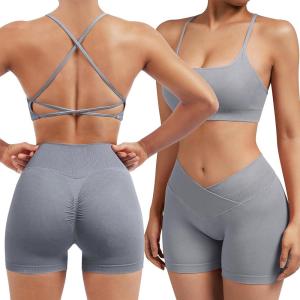 imageSUUKSESS Women V Cross Workout Sets Strappy Sports Bra High Waist Booty Shorts1 Grey Blue