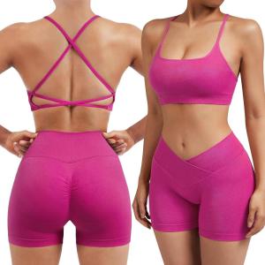 imageSUUKSESS Women V Cross Workout Sets Strappy Sports Bra High Waist Booty Shorts1 Hot Pink