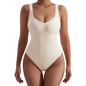 imageSUUKSESS Women V Neck Ribbed Seamless Bodysuit Sleeveless Padded Sexy Tank Top1 Beige