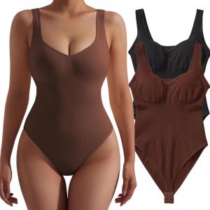 imageSUUKSESS Women V Neck Ribbed Seamless Bodysuit Sleeveless Padded Sexy Tank Top1 Black Brown
