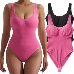 imageSUUKSESS Women V Neck Ribbed Seamless Bodysuit Sleeveless Padded Sexy Tank Top1 Black Pink