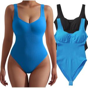 imageSUUKSESS Women V Neck Ribbed Seamless Bodysuit Sleeveless Padded Sexy Tank Top1 Black Royalblue