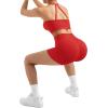 imageSUUKSESS Women 2 Piece Workout Sets High Waisted Tummy Control Biker Shorts Halter Backless Tank TopsRed