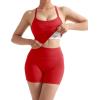 imageSUUKSESS Women 2 Piece Workout Sets High Waisted Tummy Control Biker Shorts Halter Backless Tank TopsRed