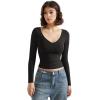 imageSUUKSESS Women Double Lined Casual V Neck Crop Tank Tops Basic Long Sleeve ShirtsBlack