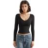 imageSUUKSESS Women Double Lined Casual V Neck Crop Tank Tops Basic Long Sleeve ShirtsBlack
