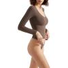 imageSUUKSESS Women Double Lined Casual V Neck Crop Tank Tops Basic Long Sleeve ShirtsBrown