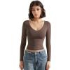 imageSUUKSESS Women Double Lined Casual V Neck Crop Tank Tops Basic Long Sleeve ShirtsBrown