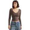 imageSUUKSESS Women Double Lined Casual V Neck Crop Tank Tops Basic Long Sleeve ShirtsBrown
