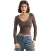 imageSUUKSESS Women Double Lined Casual V Neck Crop Tank Tops Basic Long Sleeve ShirtsBrown