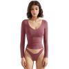 imageSUUKSESS Women Double Lined Casual V Neck Crop Tank Tops Basic Long Sleeve ShirtsMarsala