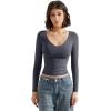 imageSUUKSESS Women Double Lined Casual V Neck Crop Tank Tops Basic Long Sleeve ShirtsNavy Blue