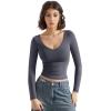 imageSUUKSESS Women Double Lined Casual V Neck Crop Tank Tops Basic Long Sleeve ShirtsNavy Blue