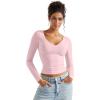 imageSUUKSESS Women Double Lined Casual V Neck Crop Tank Tops Basic Long Sleeve ShirtsPink