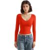 imageSUUKSESS Women Double Lined Casual V Neck Crop Tank Tops Basic Long Sleeve ShirtsRed
