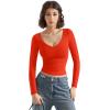 imageSUUKSESS Women Double Lined Casual V Neck Crop Tank Tops Basic Long Sleeve ShirtsRed