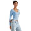 imageSUUKSESS Women Double Lined Casual V Neck Crop Tank Tops Basic Long Sleeve ShirtsSky Blue