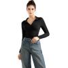 imageSUUKSESS Women Long Sleeve Ribbed V Neck Polo Shirts Collared Business Casual Slim Fitted Tops for Office WorkBlack
