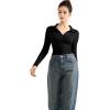 imageSUUKSESS Women Long Sleeve Ribbed V Neck Polo Shirts Collared Business Casual Slim Fitted Tops for Office WorkBlack