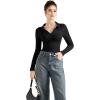 imageSUUKSESS Women Long Sleeve Ribbed V Neck Polo Shirts Collared Business Casual Slim Fitted Tops for Office WorkBlack