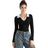 imageSUUKSESS Women Long Sleeve Ribbed V Neck Polo Shirts Collared Business Casual Slim Fitted Tops for Office WorkBlack1
