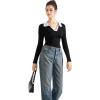 imageSUUKSESS Women Long Sleeve Ribbed V Neck Polo Shirts Collared Business Casual Slim Fitted Tops for Office WorkBlack1