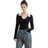 imageSUUKSESS Women Long Sleeve Ribbed V Neck Polo Shirts Collared Business Casual Slim Fitted Tops for Office WorkBlack1