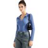 imageSUUKSESS Women Long Sleeve Ribbed V Neck Polo Shirts Collared Business Casual Slim Fitted Tops for Office WorkBlue