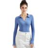 imageSUUKSESS Women Long Sleeve Ribbed V Neck Polo Shirts Collared Business Casual Slim Fitted Tops for Office WorkBlue