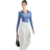 imageSUUKSESS Women Long Sleeve Ribbed V Neck Polo Shirts Collared Business Casual Slim Fitted Tops for Office WorkBlue