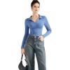 imageSUUKSESS Women Long Sleeve Ribbed V Neck Polo Shirts Collared Business Casual Slim Fitted Tops for Office WorkBlue